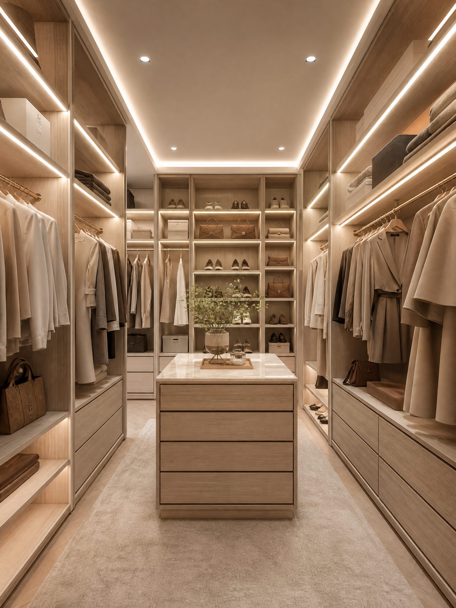 Custom walk-in closet with LED lighting